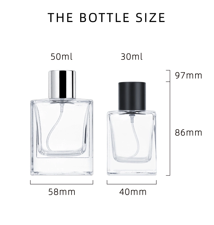 Wholesale 30ml 50ml Customized Clear Glass Square Perfume Spray Bottle Wihte Fine Mist Pump